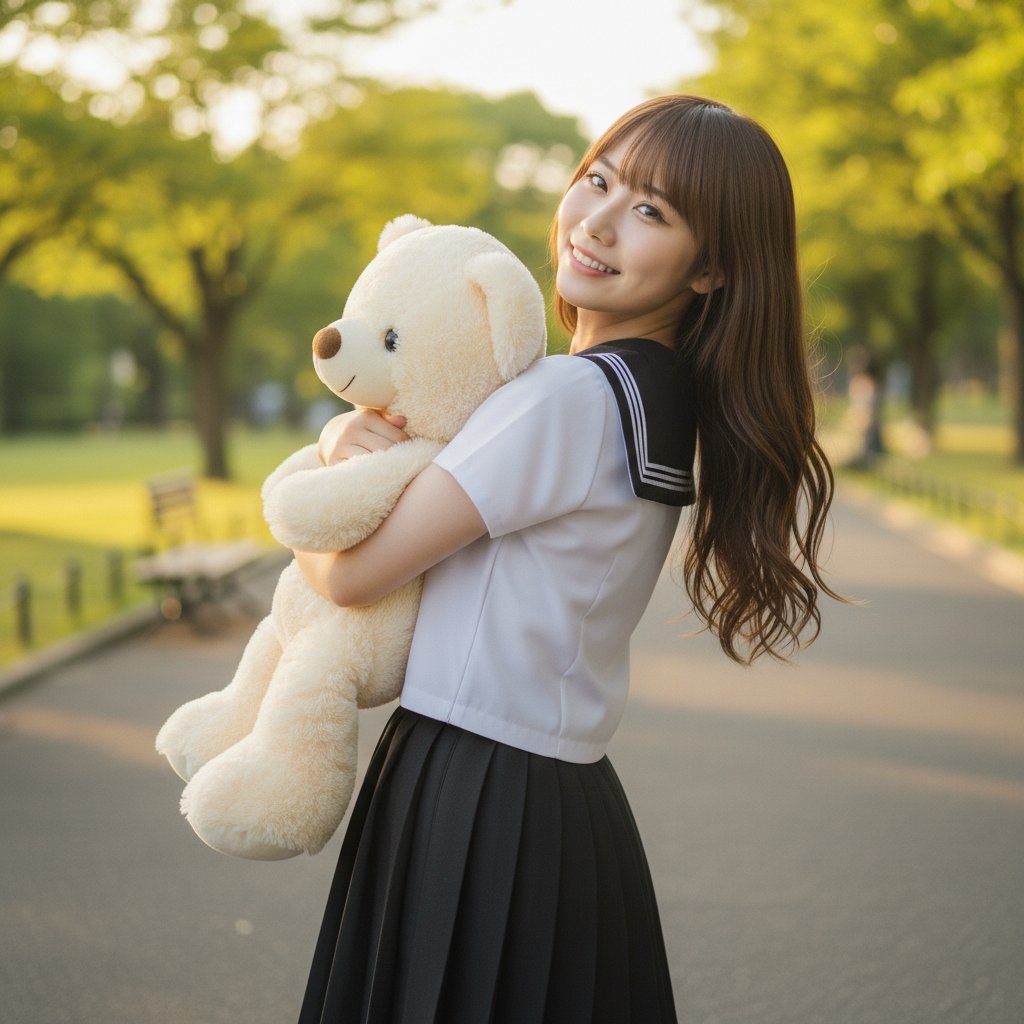 A young woman in a school uniform smiles while holding a large teddy bear in an outdoor park setting.