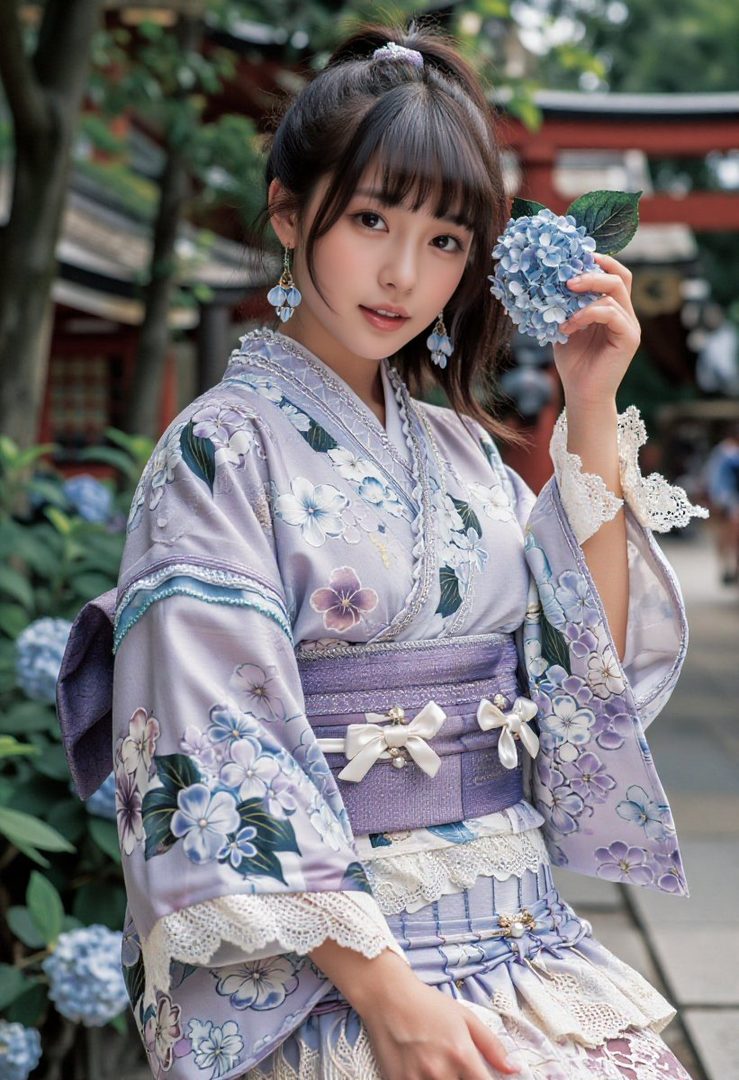 A young woman with brown hair in a ponytail and bangs, wearing a purple floral kimono, holds a blue hydrangea flower outdoors.