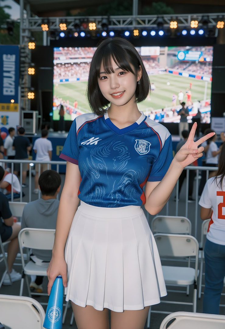 A young woman with short black hair wearing a blue soccer jersey and white pleated skirt poses with a peace sign and a blue megaphone at an outdoor event with a large screen showing a soccer match in the background.