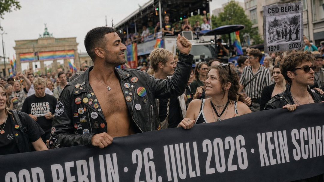 A group of people holding a banner at a pride parade in Berlin, with the Brandenburg Gate in the background.