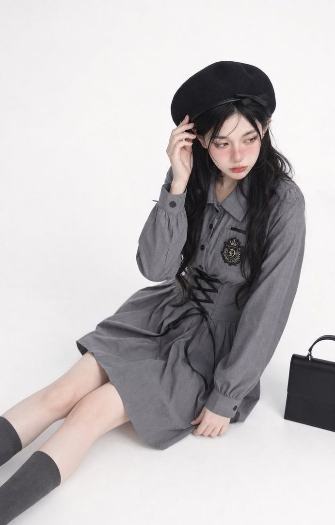 A young woman with long black hair and a black beret sits on a white background, wearing a grey school uniform-style dress with a black corset detail and holding a black handbag.