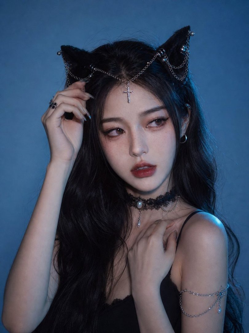 A woman with long black hair and cat ear headband with chains and a cross, wearing a black top and choker, looking away from the camera against a blue background.