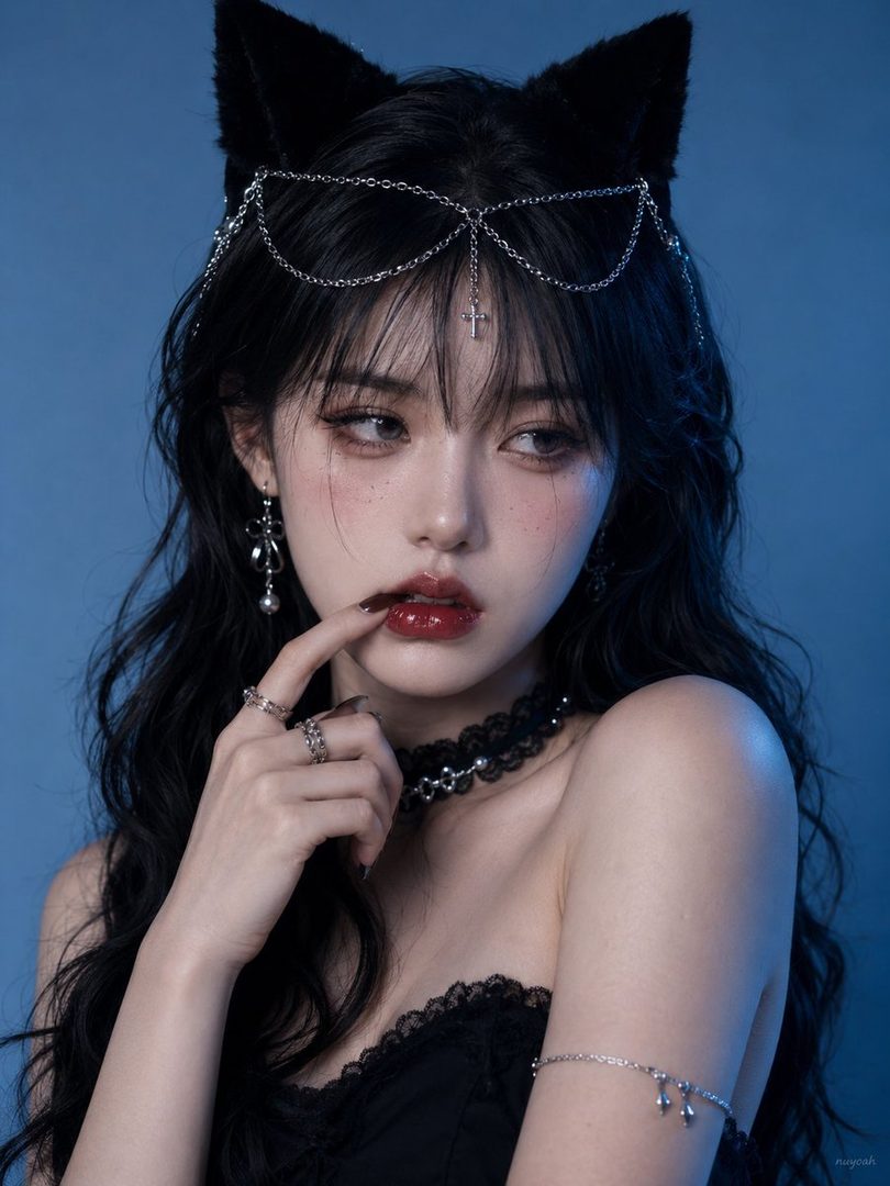 A photorealistic portrait of a woman with long black curly hair, wearing cat ears and a black lace top, with a finger touching her glossy red lips.