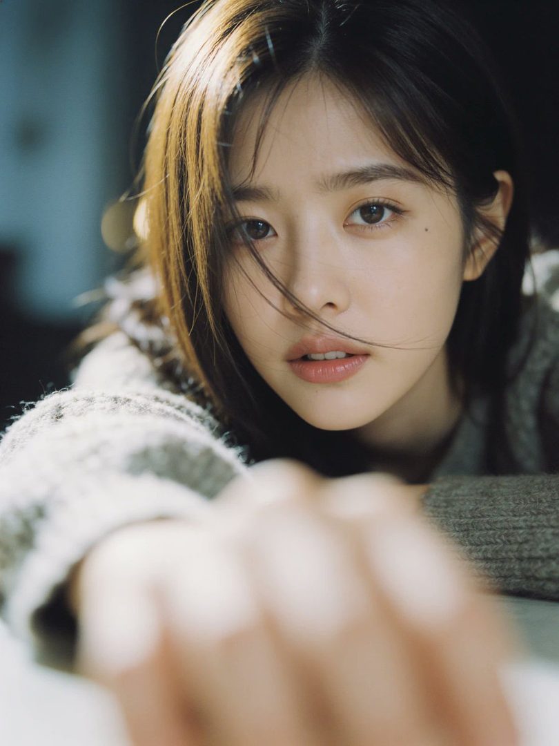 A close-up portrait of a young woman with long brown hair, wearing a knit sweater, looking directly at the camera with a soft expression.