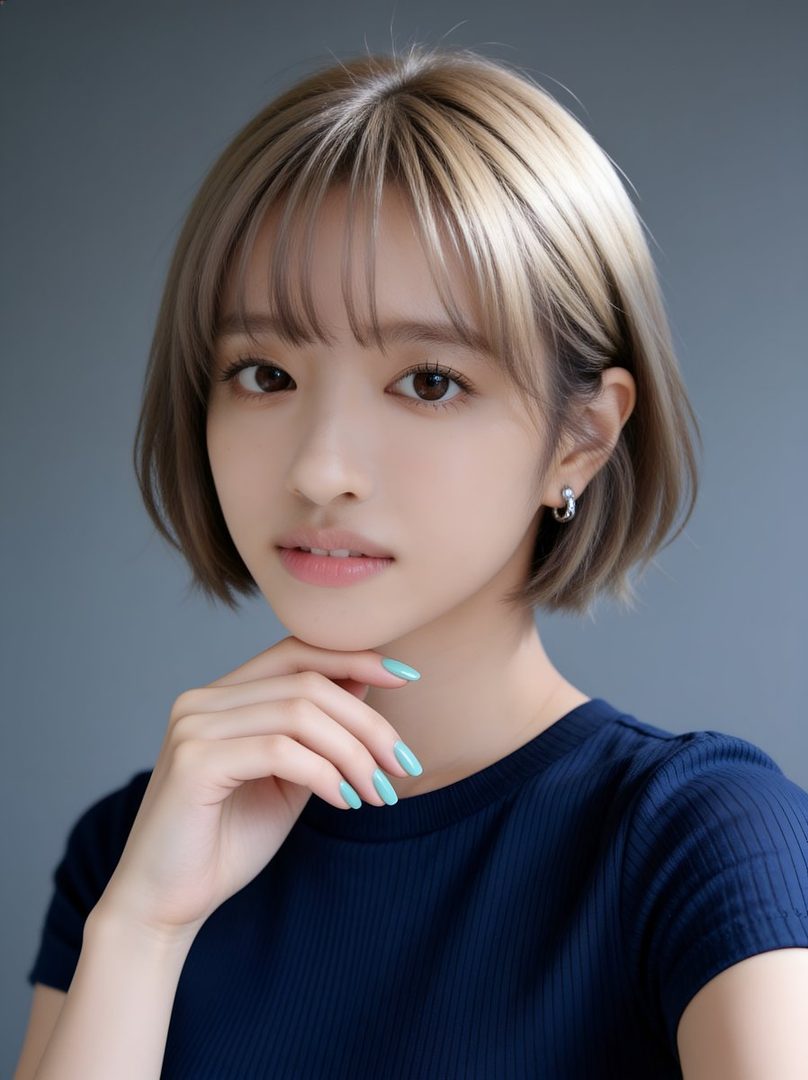 A photorealistic portrait of a young woman with short blonde hair and bangs, wearing a dark blue top, posing in a studio with a hand near her chin.