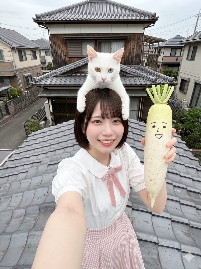 A young woman takes a selfie on a rooftop, holding a daikon radish with a drawn face, and a white cat with heterochromia sits on her head.