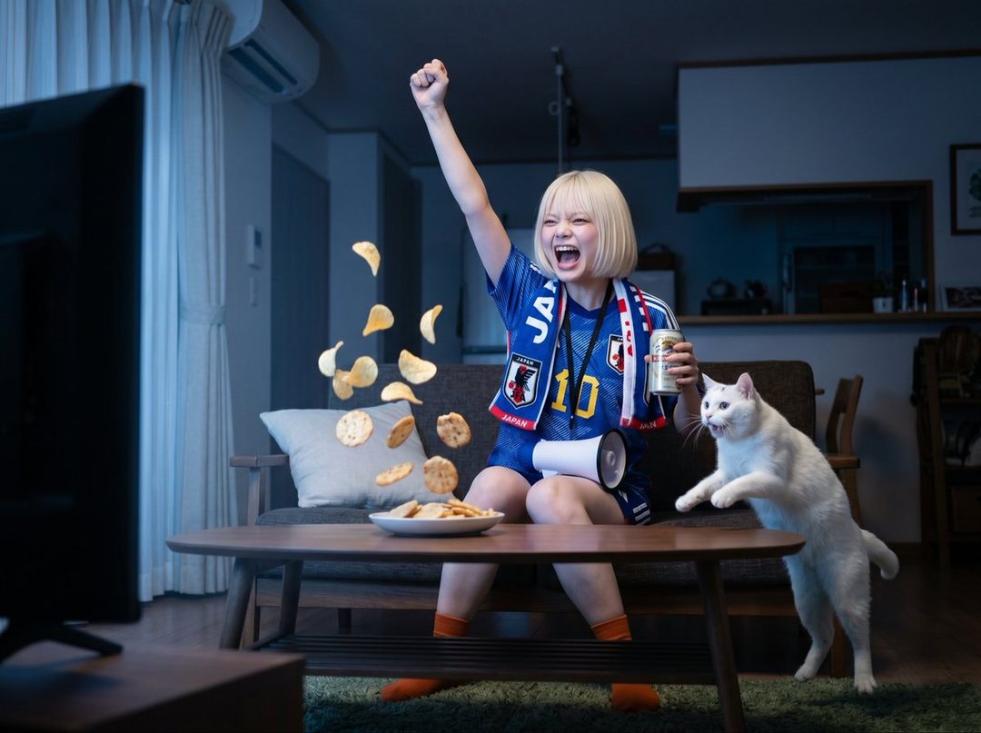 A young woman with blonde hair in a Japan soccer jersey cheers excitedly while watching TV at night, with chips flying in the air and a white cat jumping beside her.