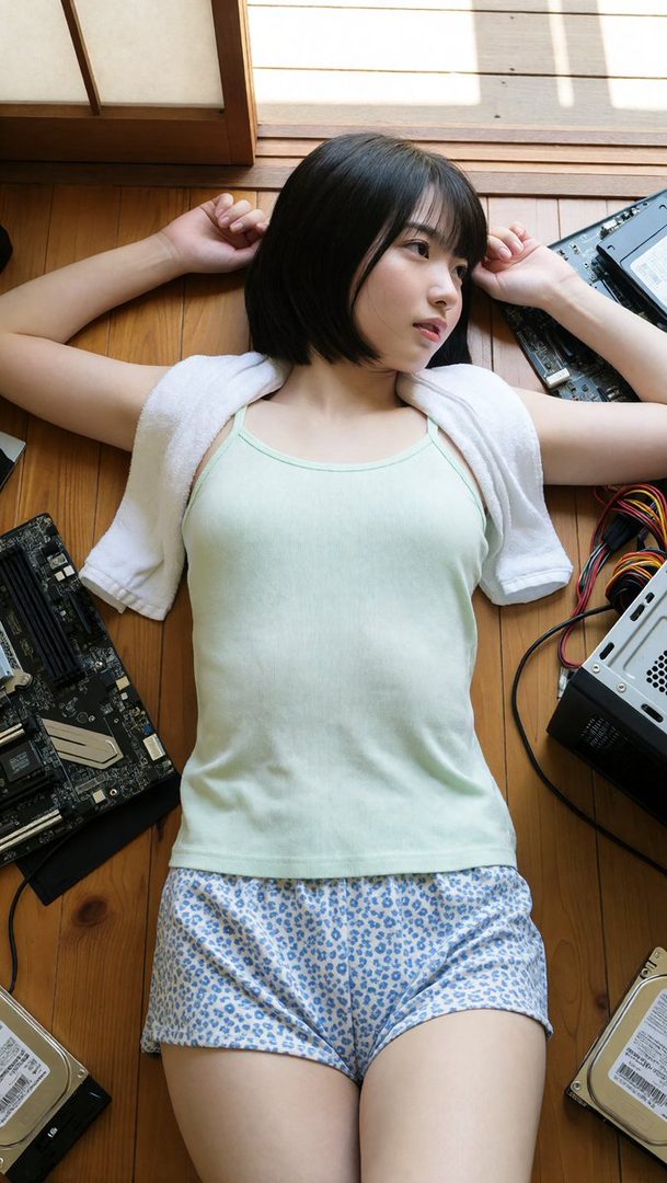 A young woman with short black hair lies on a wooden floor surrounded by computer components, wearing a light green tank top and patterned shorts.