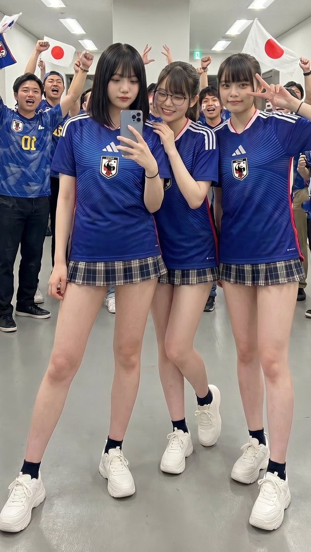 Three young women in blue Japan soccer jerseys and plaid skirts pose for a selfie indoors, surrounded by cheering fans holding Japanese flags.