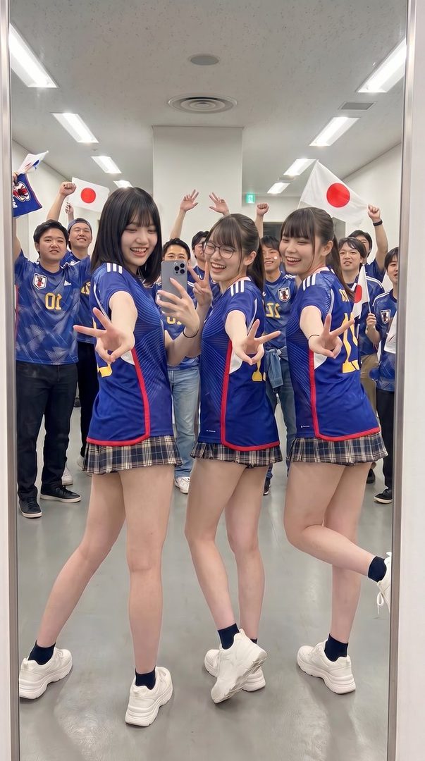 Three young women in blue soccer jerseys and plaid skirts pose for a mirror selfie, making peace signs, with a crowd of cheering fans in the background holding Japanese flags.