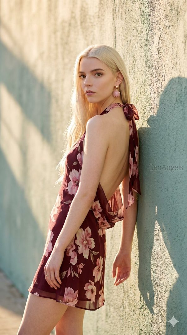 A blonde woman in a floral backless dress stands against a textured wall in golden hour sunlight.