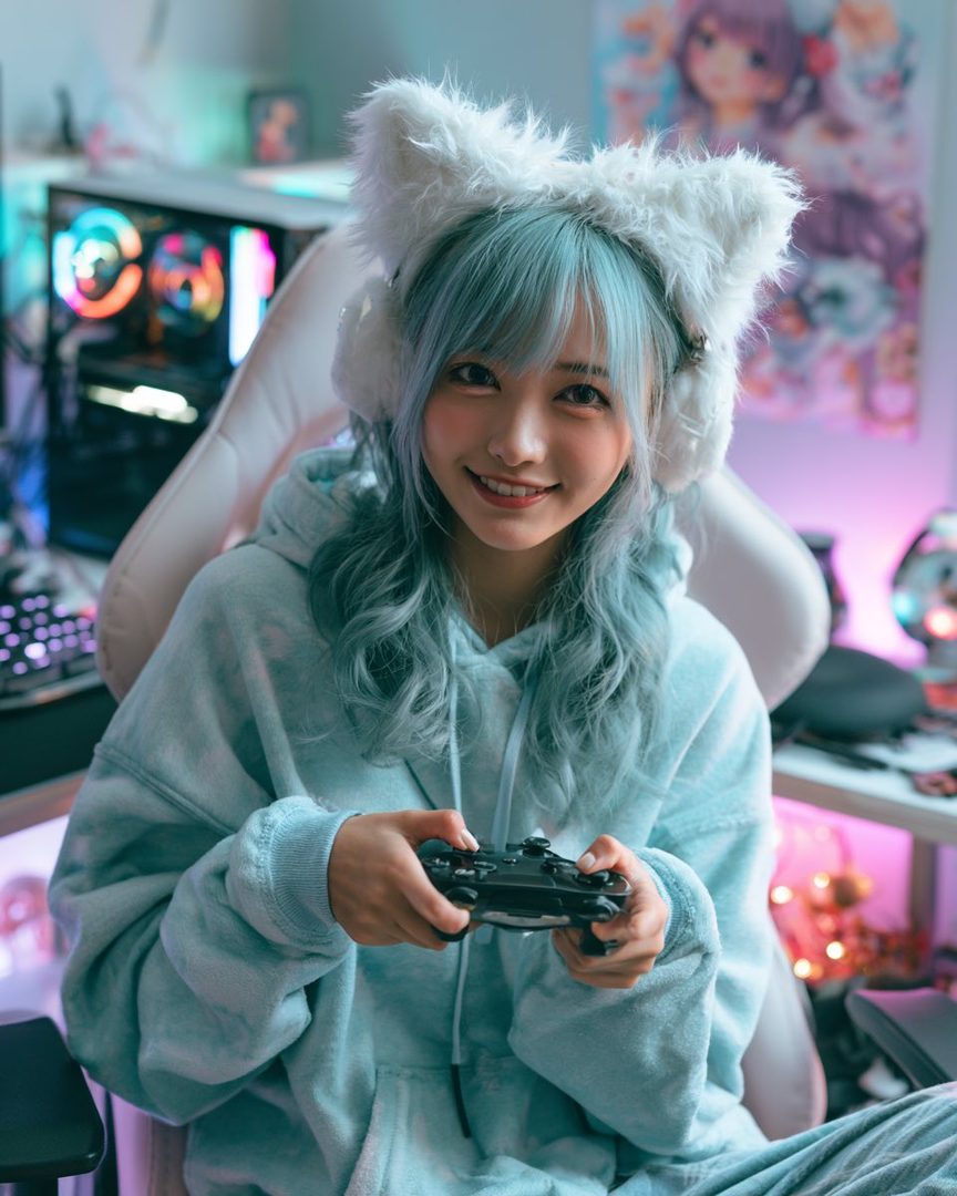 A young woman with blue hair and cat-ear headphones smiles while holding a game controller in a colorful room.