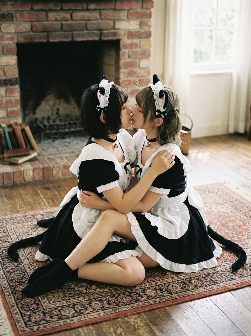 Two women in maid outfits with cat ears and tails are kissing while sitting on a rug in front of a fireplace.