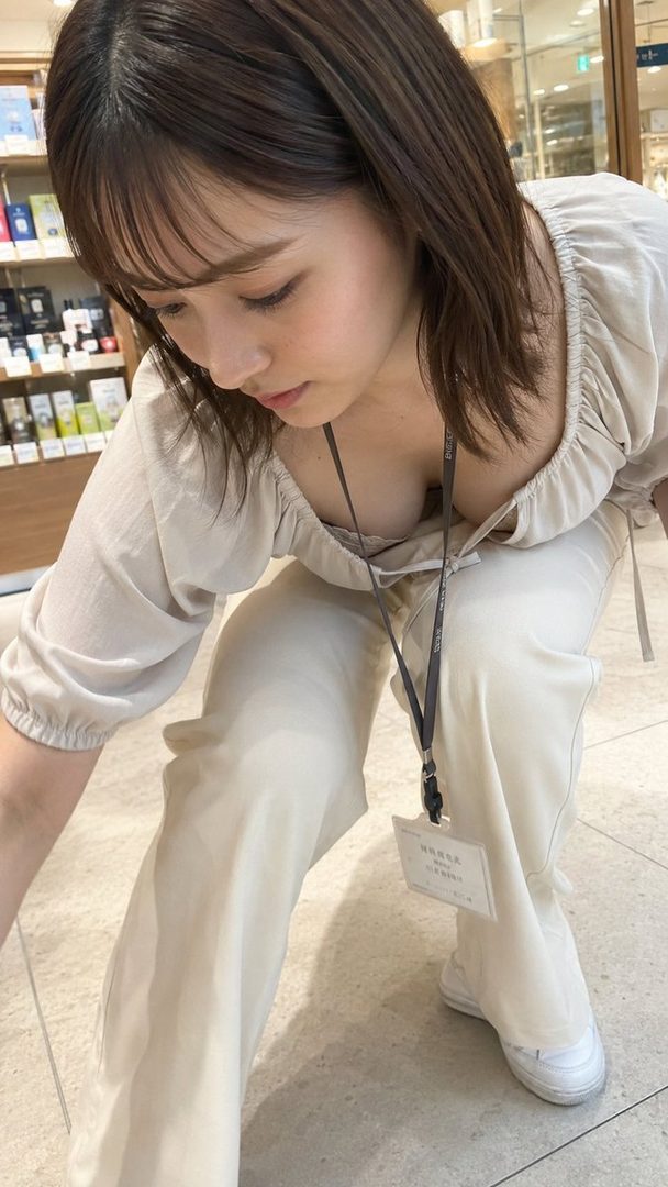A woman in a light-colored blouse and pants bends down in what appears to be a store, revealing cleavage.