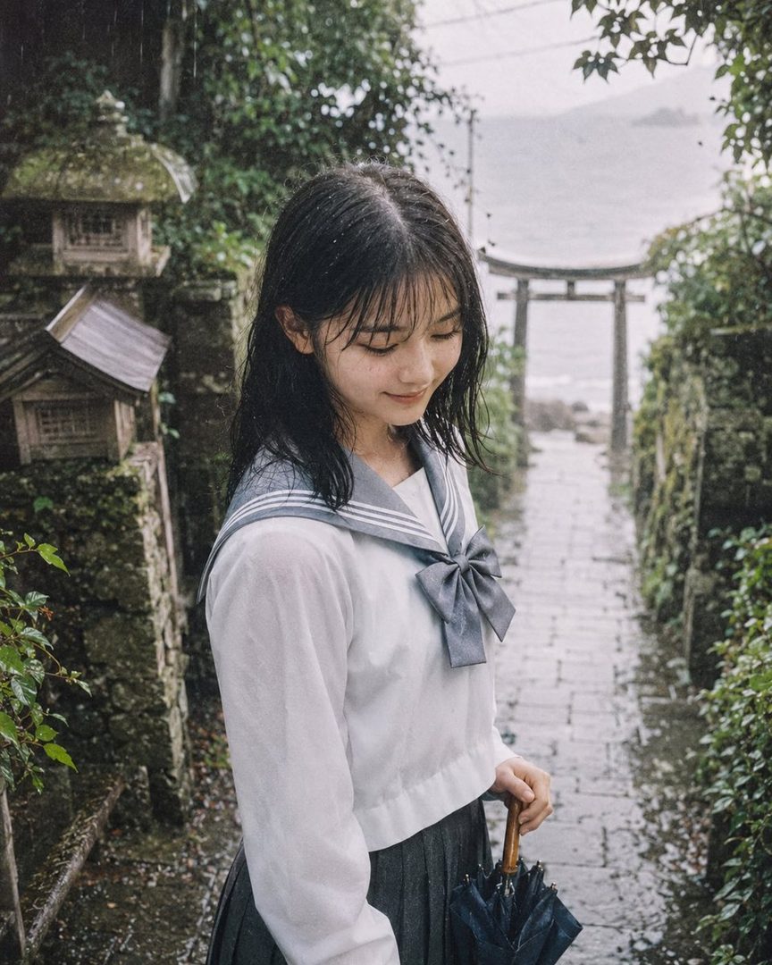 A young woman in a Japanese school uniform stands on a stone path in the rain, holding an umbrella, with a torii gate in the background.