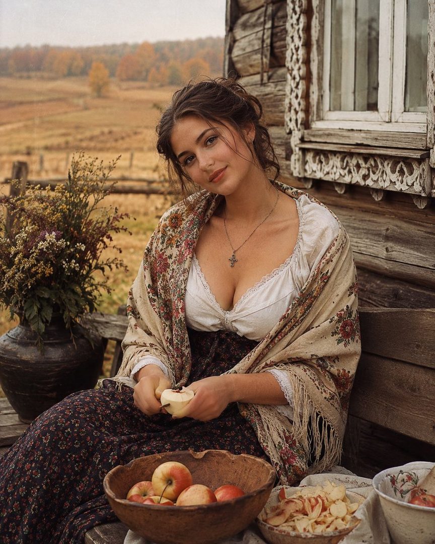 A young woman with brown hair, wearing a traditional blouse and skirt, sits outdoors peeling an apple with a bowl of apples beside her, against a rustic wooden house and an autumn landscape.