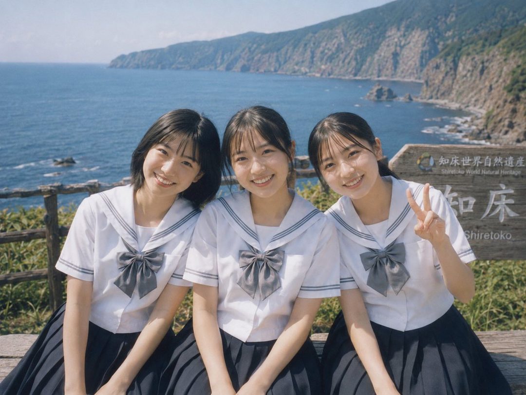 Three young women in school uniforms smile at the camera with a scenic ocean and cliff background in Shiretoko, Hokkaido.