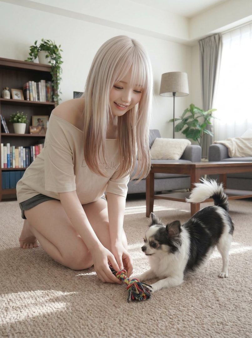A smiling woman with long blonde hair kneels on a carpeted floor, playing with a small black and white chihuahua in a bright living room.