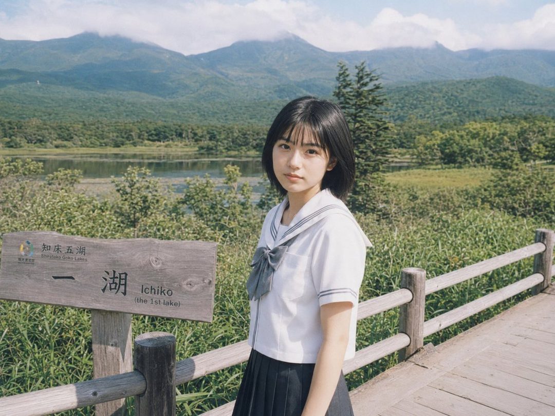 A young woman in a Japanese school uniform stands on a wooden path with a lake and mountains in the background.