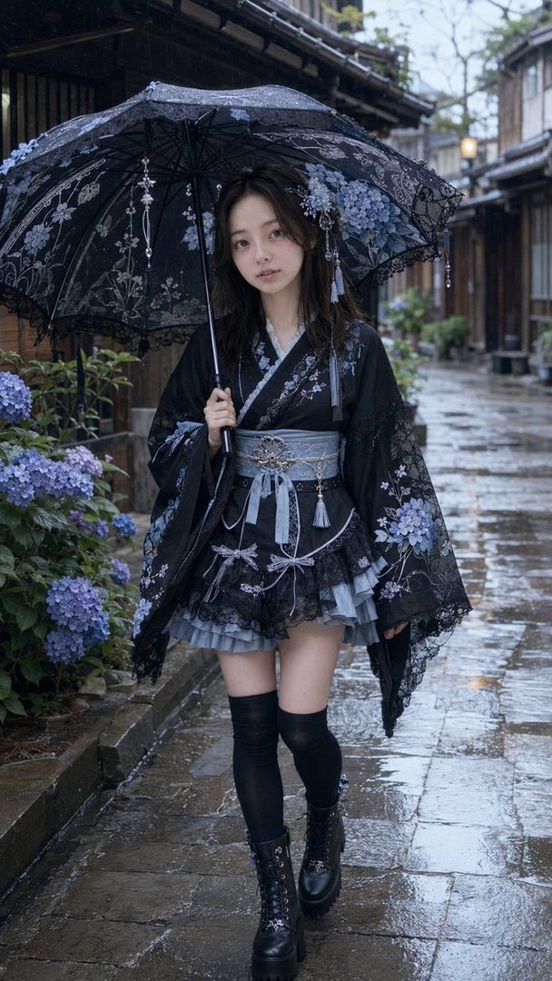 A young woman in a black and blue kimono-style dress with a matching umbrella walks on a wet street lined with traditional buildings and hydrangeas.