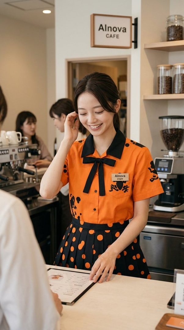 A smiling young woman in an orange and black polka dot cafe uniform stands behind a counter, looking at a menu with a customer.