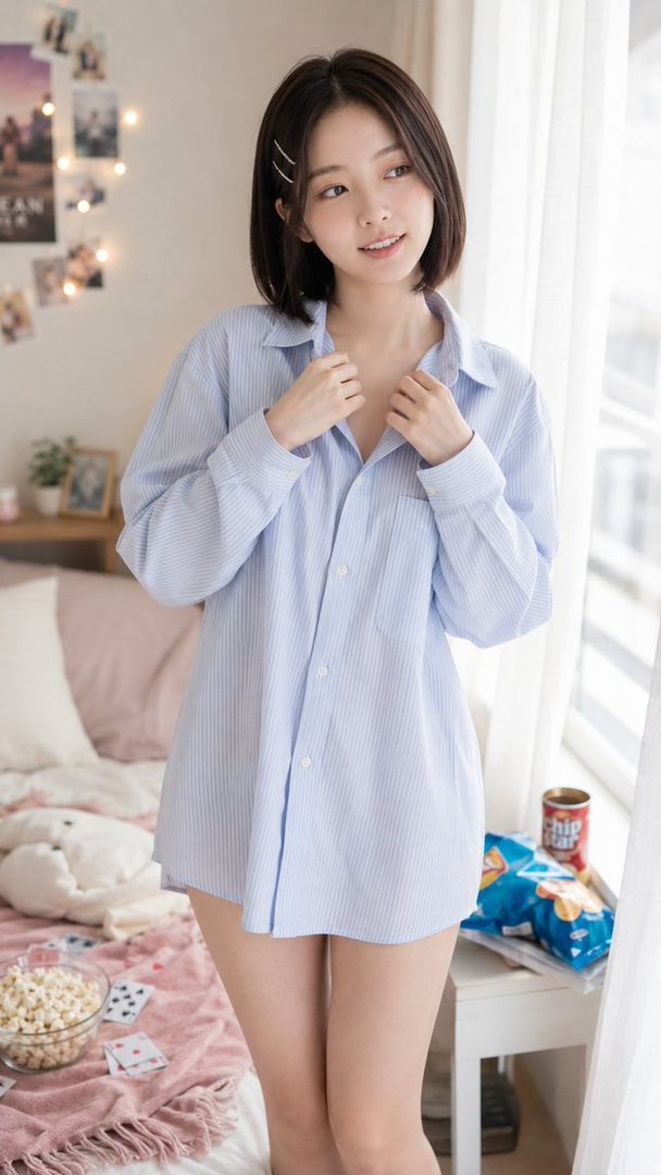 A young Japanese woman with short brown hair wears a light blue striped shirt, standing by a window in a cozy room with a bed and snacks.