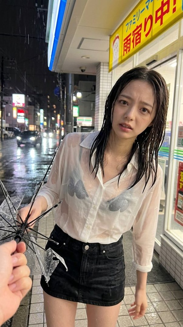 A young woman with wet black hair and a sheer white blouse over a dark bra stands on a rainy street at night, holding a broken umbrella.