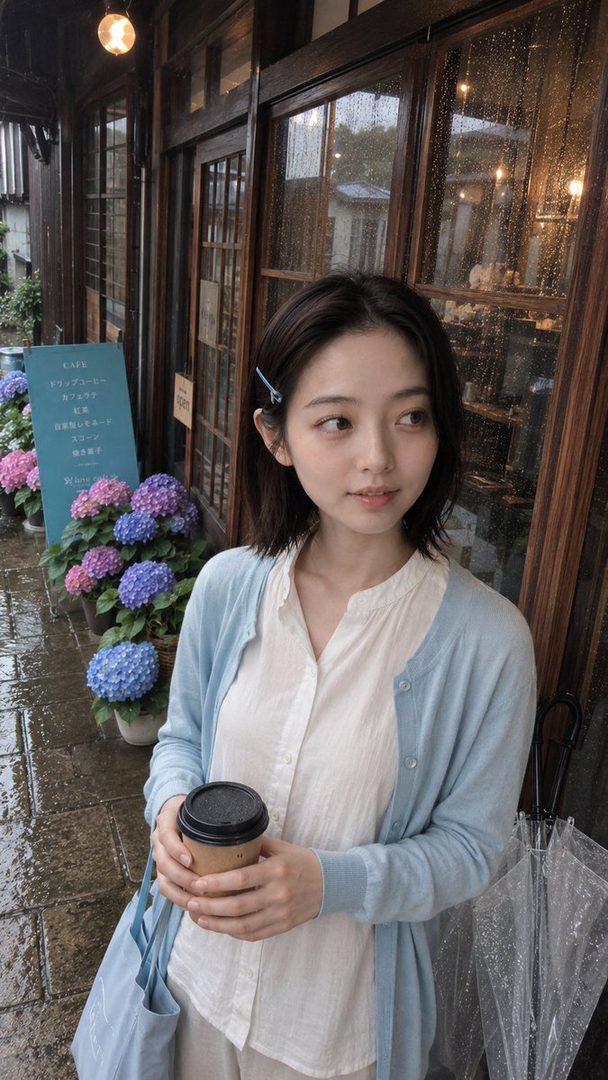 A young woman with short brown hair and a light blue cardigan holds a coffee cup on a rainy street with hydrangeas.
