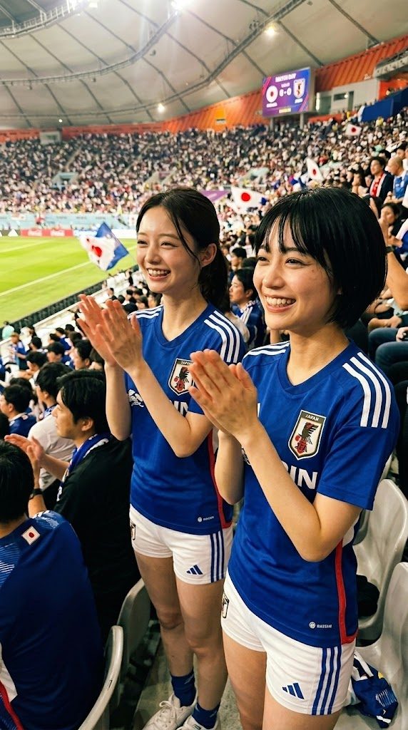 Two young women in blue Japan soccer jerseys and white shorts are clapping and smiling in a stadium filled with spectators.