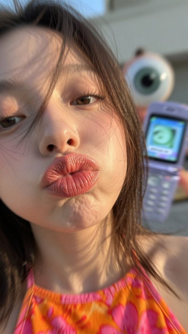 A young woman takes a close-up selfie, pouting her lips, with a flip phone and a large eye decoration blurred in the background.