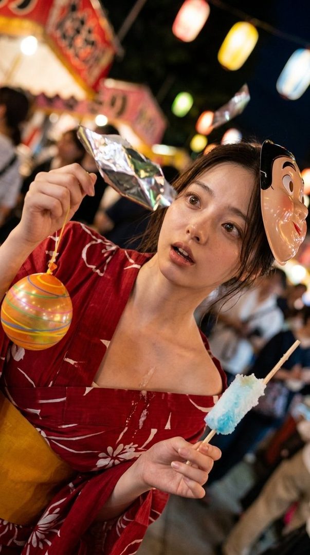 A young woman in a red yukata holds a water balloon yo-yo and a blue shaved ice treat at a night festival, with a traditional mask on her head.