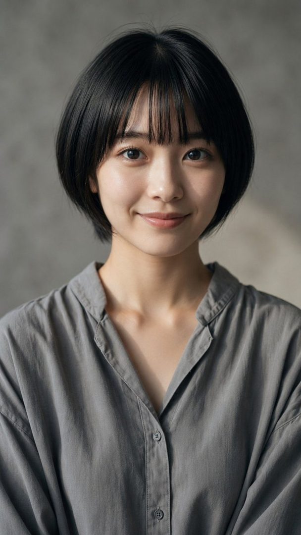 A photorealistic portrait of a young East Asian woman with short black hair and bangs, wearing a grey collared shirt, smiling gently at the camera.