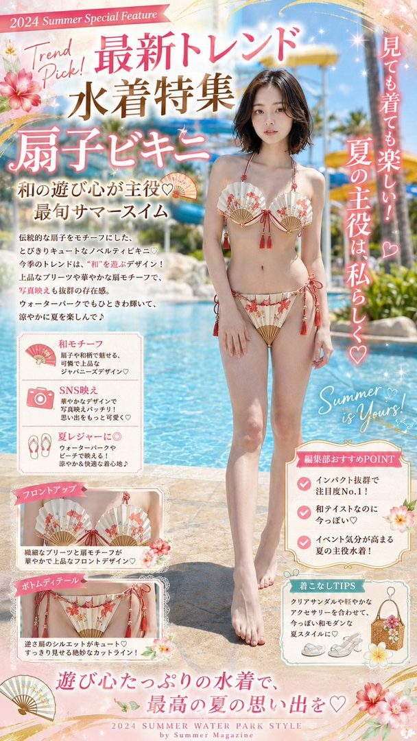 A woman in a unique fan-motif bikini stands by a swimming pool, showcasing the swimwear design.