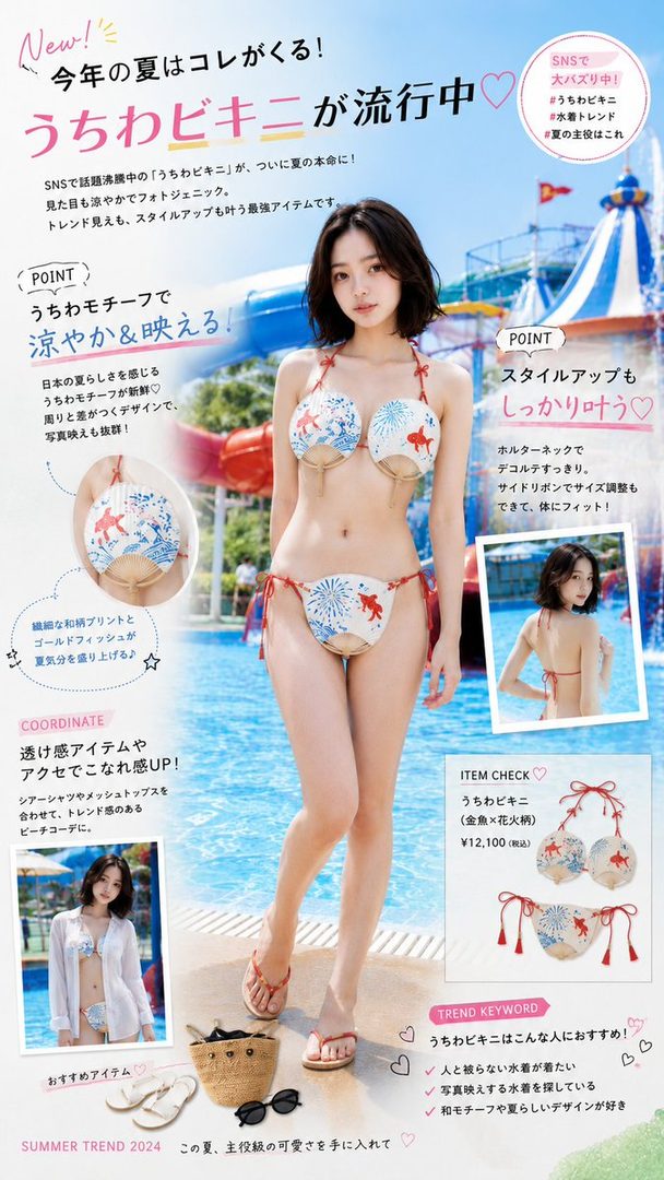 A young woman in a unique fan-motif bikini stands by a swimming pool, with Japanese text overlays promoting the swimwear.