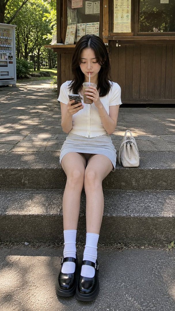 A young woman with black hair sits outdoors, drinking from a cup and looking at her phone.