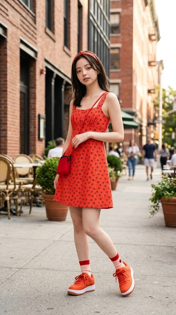 A young woman in a red polka dot dress and matching headband, socks, and sneakers stands on a city street with brick buildings and outdoor cafes in the background.