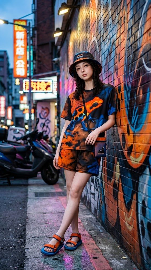 A young woman with long black hair and a bucket hat stands on a city street at night, leaning against a graffiti-covered wall. She is wearing a colorful tie-dye t-shirt and shorts with a frog design, and orange sandals. Neon signs and a scooter are visible in the background.