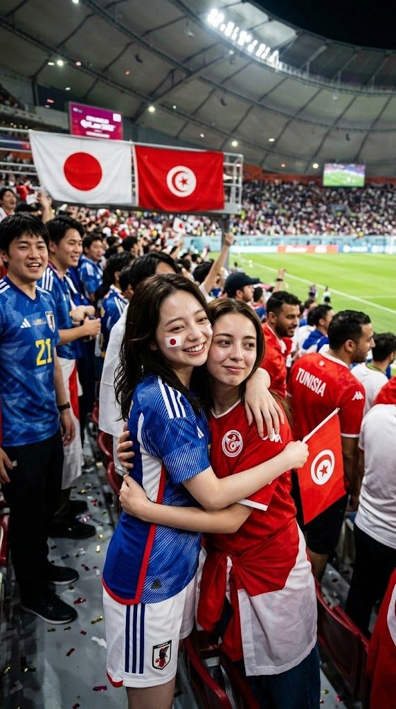 Two young women, one in a Japanese soccer jersey and the other in a Tunisian jersey, hug and smile at a night soccer match.