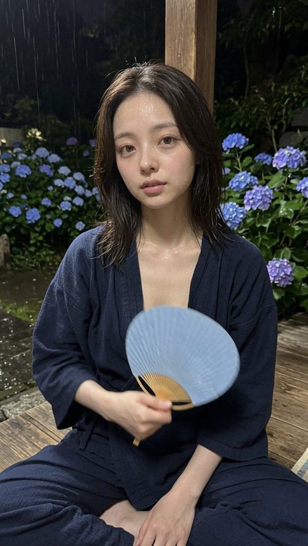 A young woman in a dark blue yukata sits outdoors at night, holding a fan, with hydrangeas in the background and rain falling.