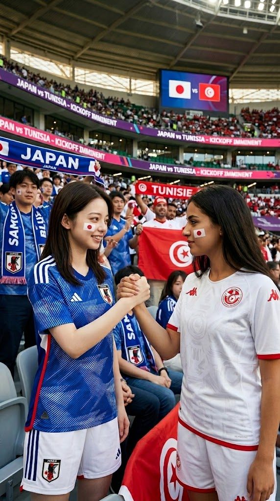 Two women in soccer jerseys, one Japanese and one Tunisian, shake hands at a stadium during a World Cup match.