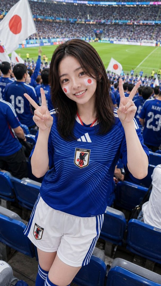 A young woman with face paint of the Japanese flag smiles and makes a peace sign while wearing a Japan soccer jersey in a stadium.
