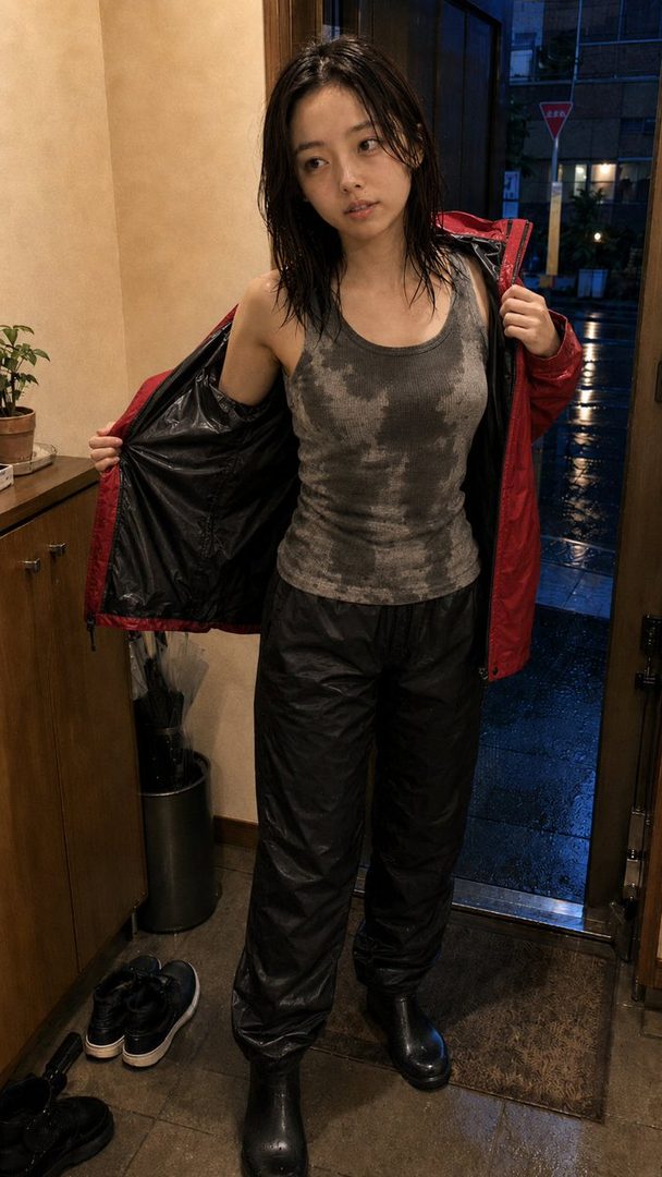 A young woman in a wet tank top and rain gear stands indoors, looking towards the camera with wet hair.