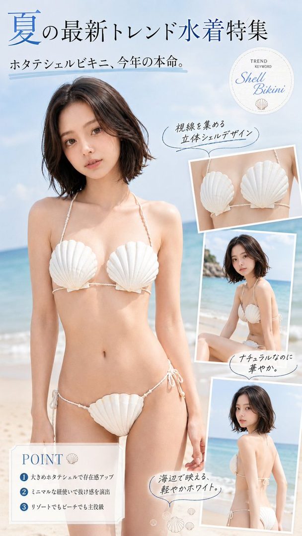 A woman with short black hair poses on a beach wearing a white shell bikini, with smaller inset images showing details of the swimwear and different poses.