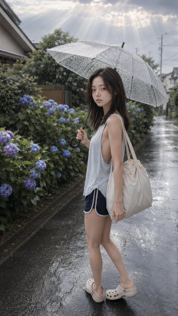 A young woman with long brown hair holds a clear umbrella while walking on a wet street lined with hydrangeas, looking back at the camera.