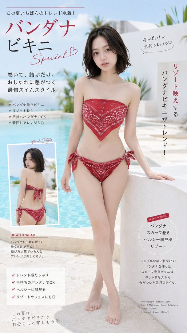 A Japanese woman in a red bandana bikini poses by a swimming pool, with text overlays describing the swimwear trend.