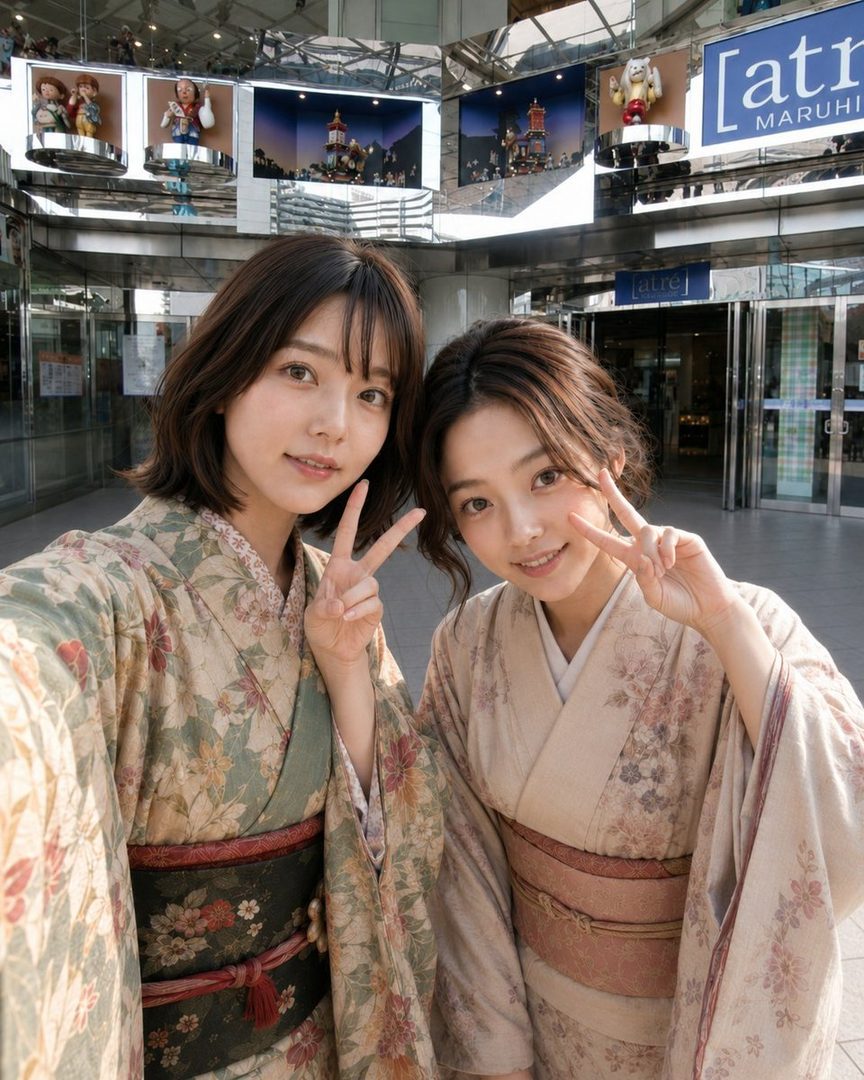 Two young women in kimonos pose for a selfie in front of a building with a clock.