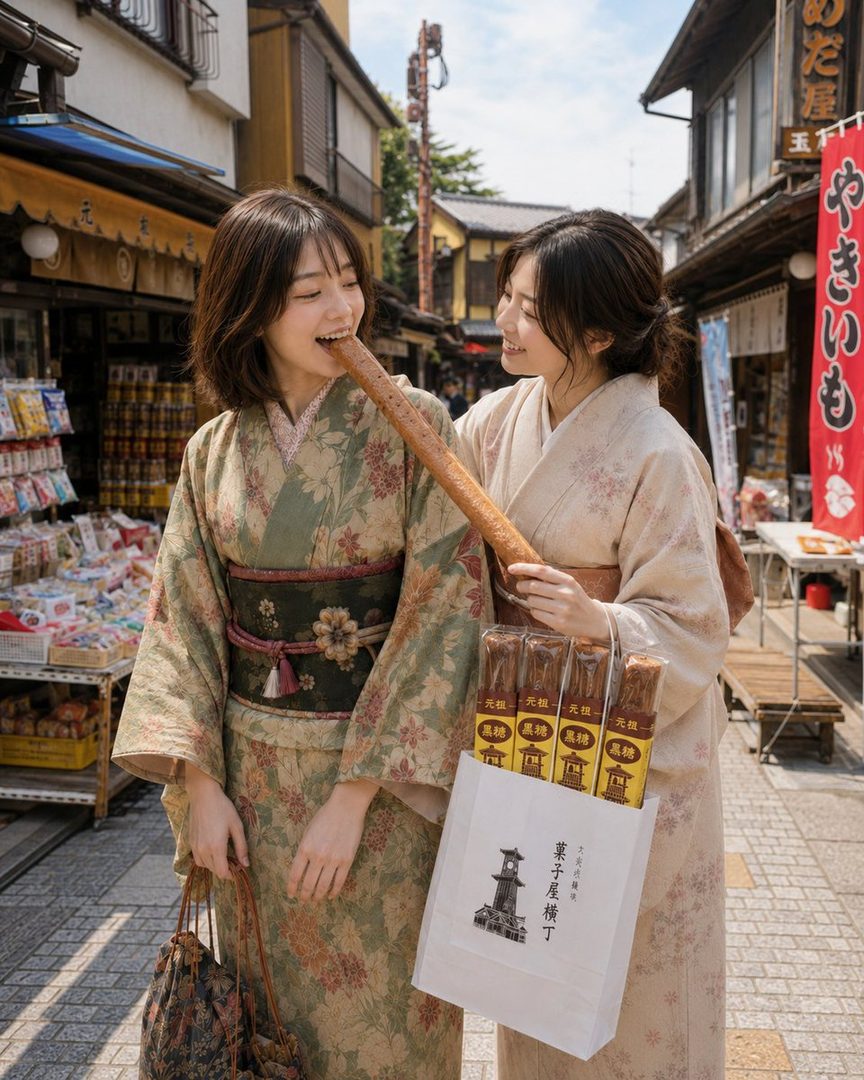 Two young women in kimonos are enjoying a large snack on a traditional Japanese street.