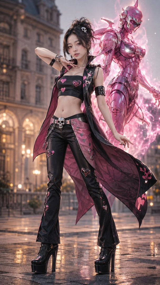 A young woman with dark hair in a black and pink outfit with heart and skull motifs stands on a city street, with a glowing pink robotic figure behind her.