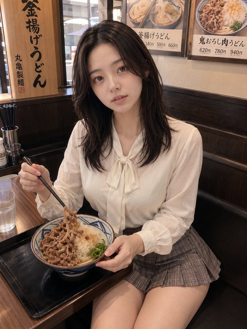 A young woman with long dark hair is sitting at a table in a restaurant, eating a bowl of udon noodles with chopsticks.