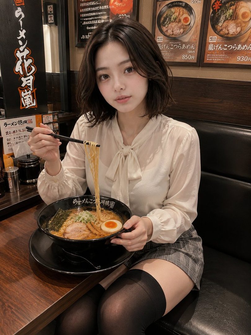 A young woman with short brown hair is sitting in a ramen restaurant, holding a bowl of ramen and chopsticks.